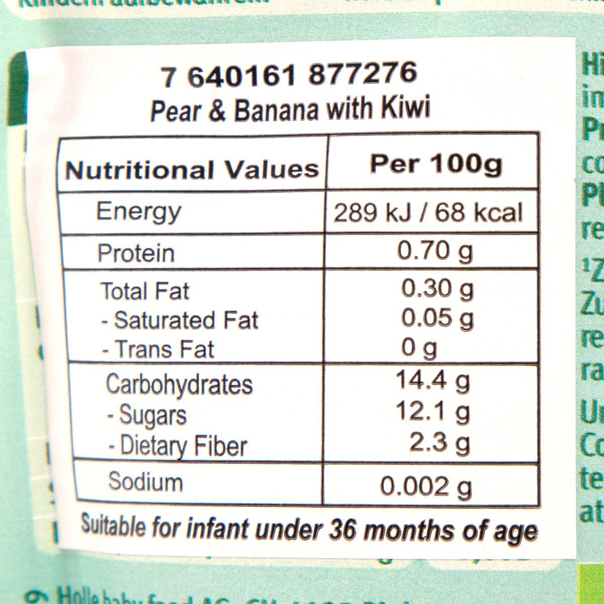 Pear & banana with kiwi nutritional values chart, per 100g