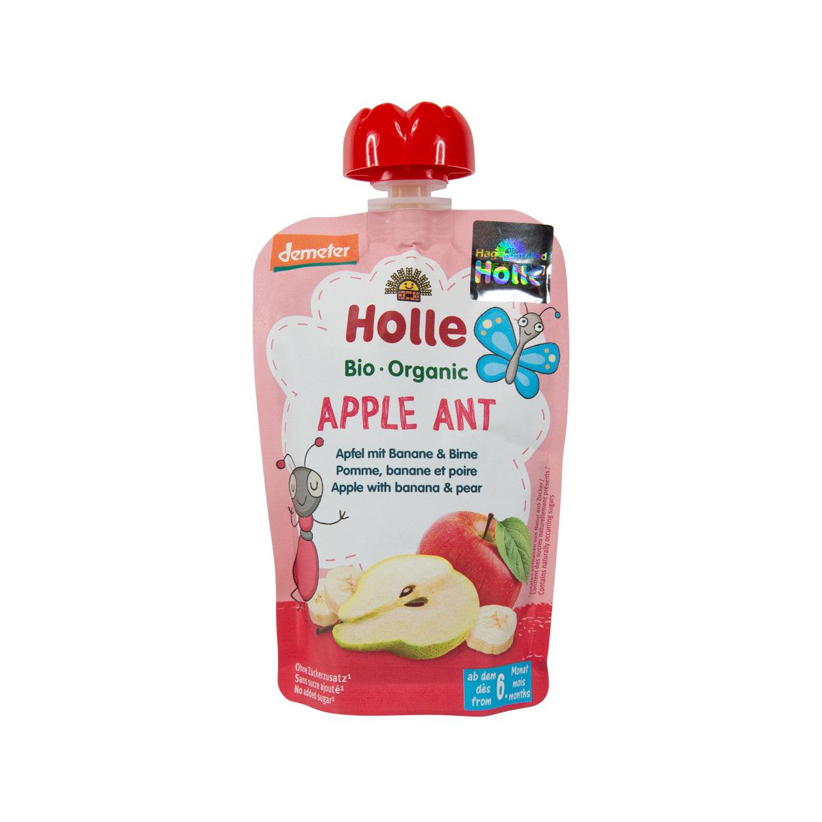 Holle Organic Apple Ant fruit pouch with red spout cap, standing sachet, 100g