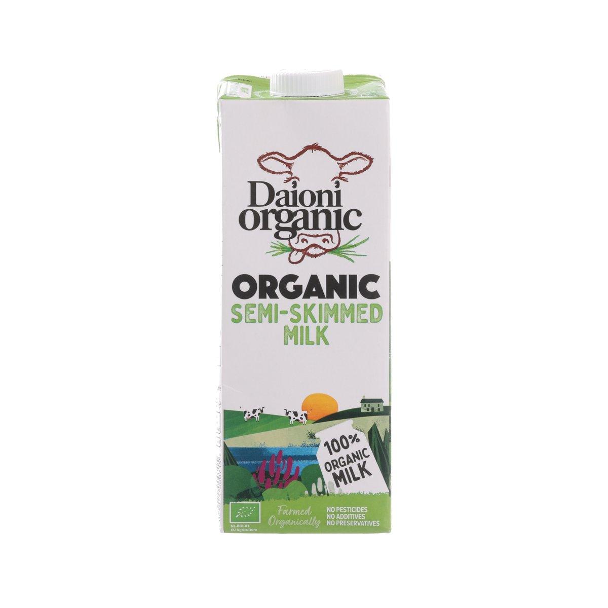 DAIONI organic semi-skimmed milk 1L carton, front label with cow illustration