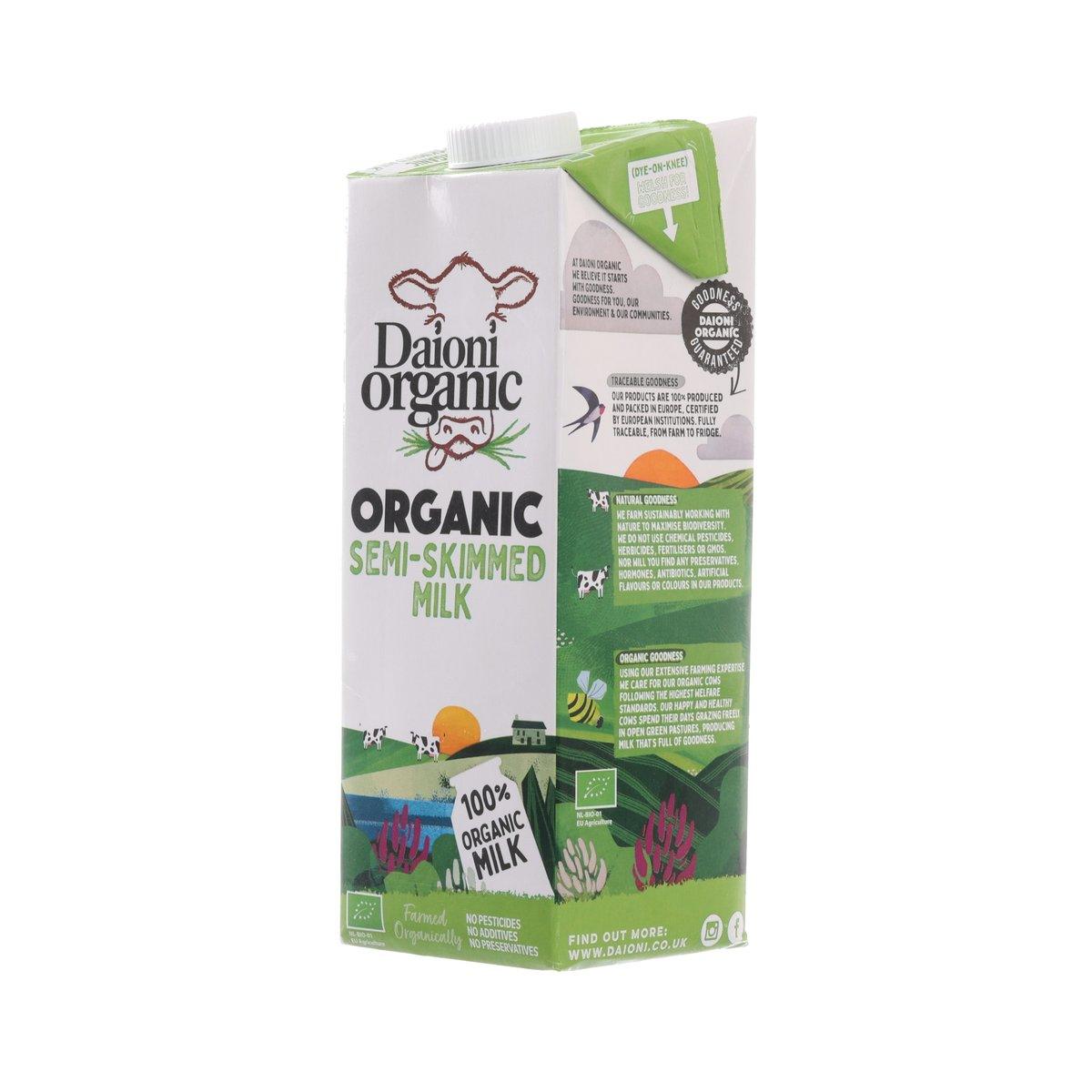 DAIONI organic semi-skimmed milk 1L carton, side panel with product info