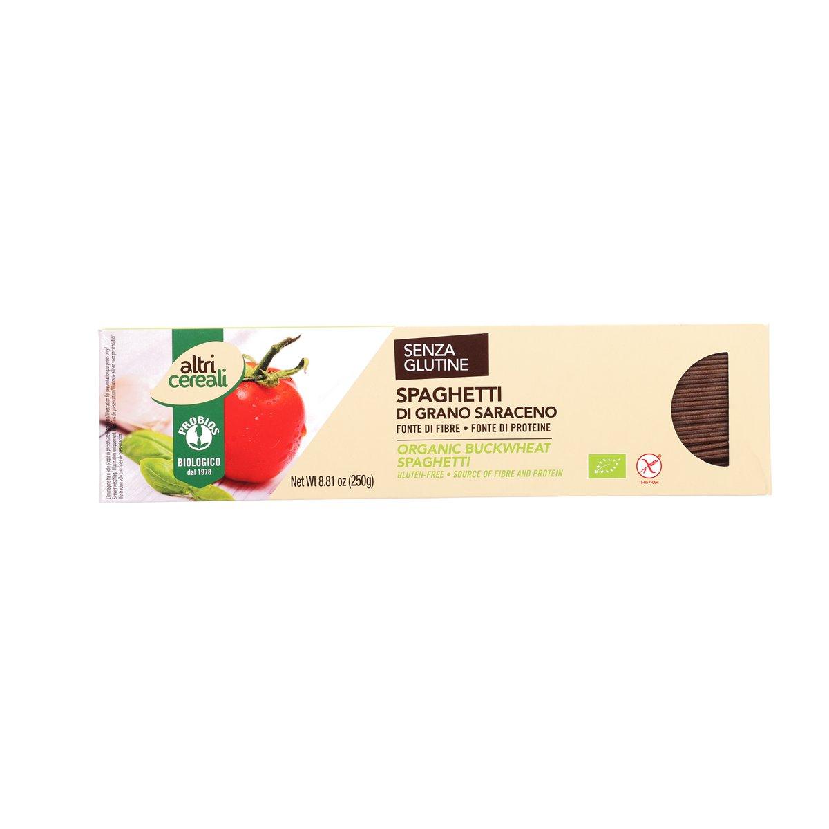 PROBIOS gluten-free buckwheat spaghetti pasta package, beige and green, 250g