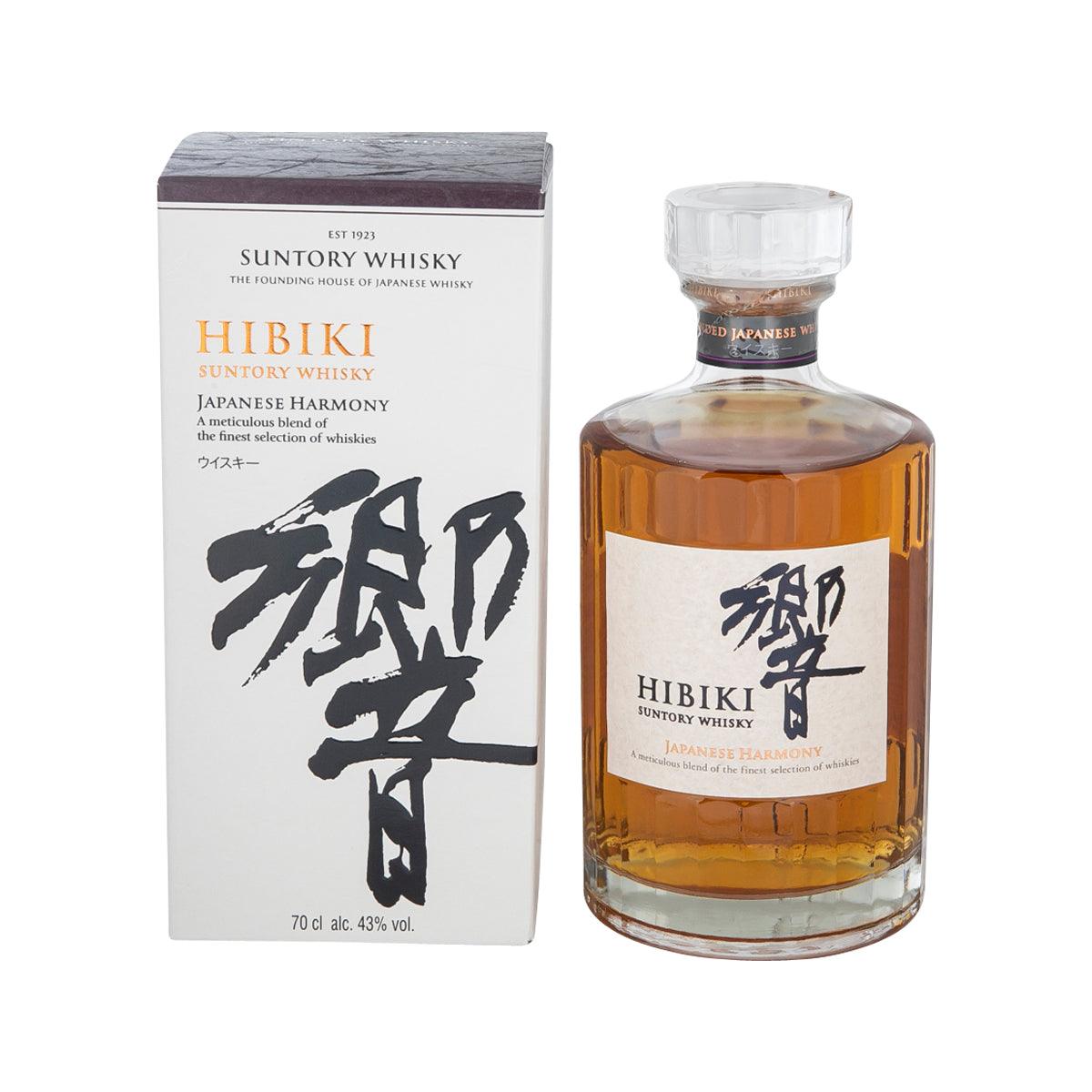 Amber Hibiki Harmony whiskey bottle with glass stopper and label, plus matching carton