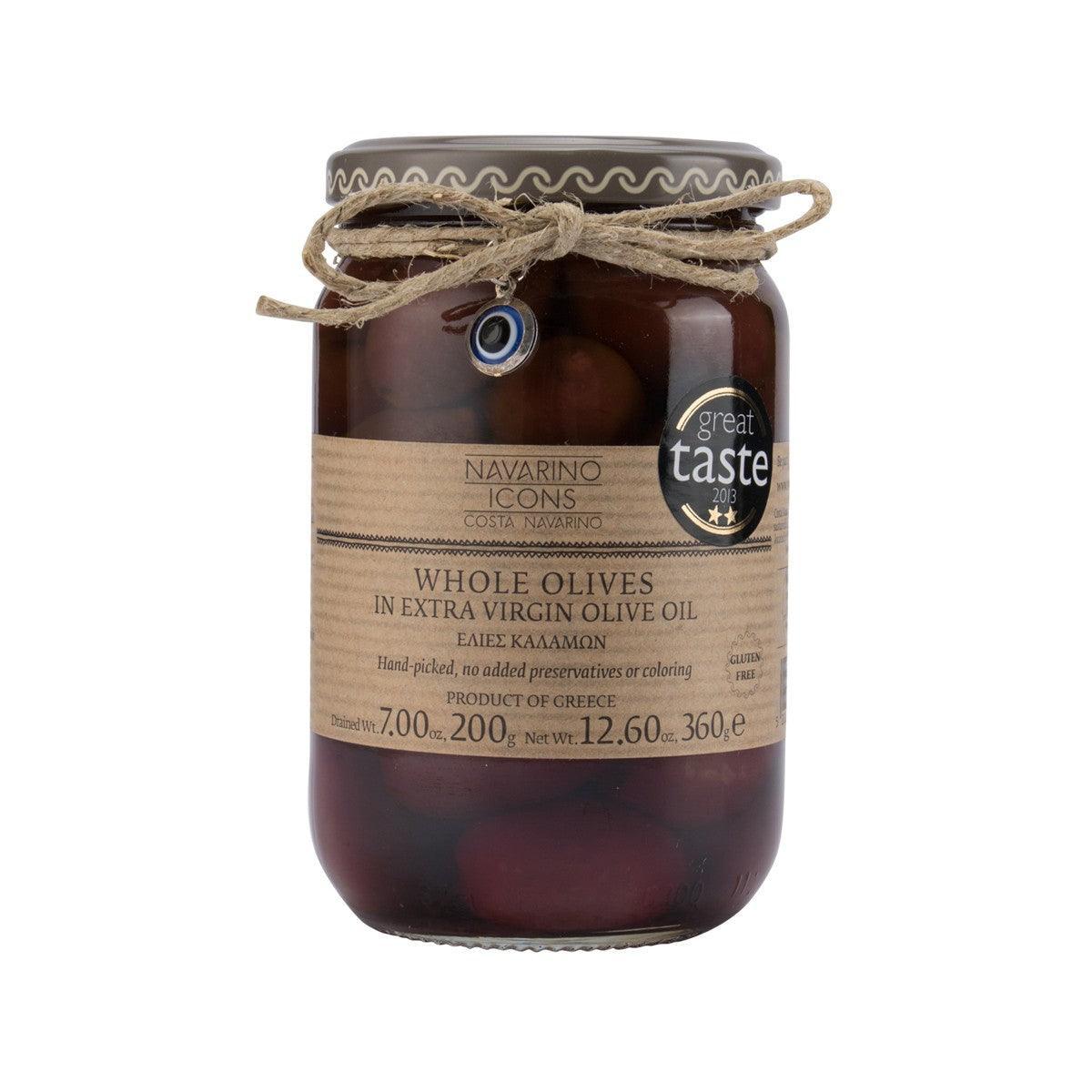 Jar of whole Kalamon olives in extra virgin olive oil, glass with beige label