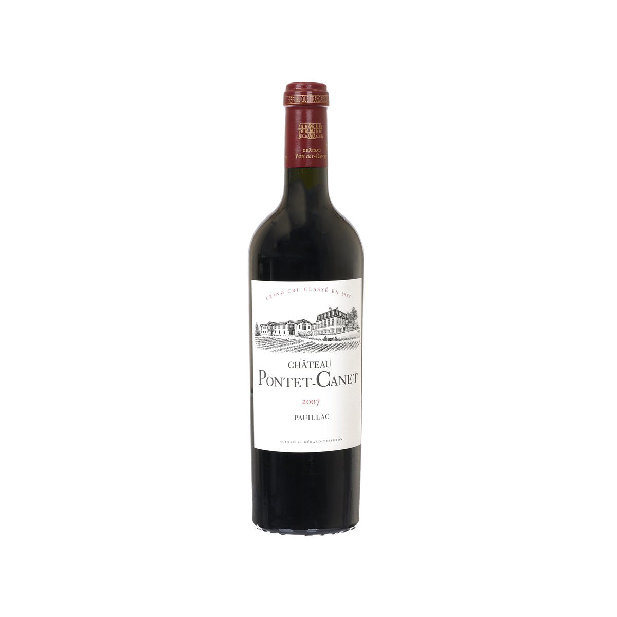 Burgundy wine bottle with CH PONTET-CANET label, Pauillac vintage 2007