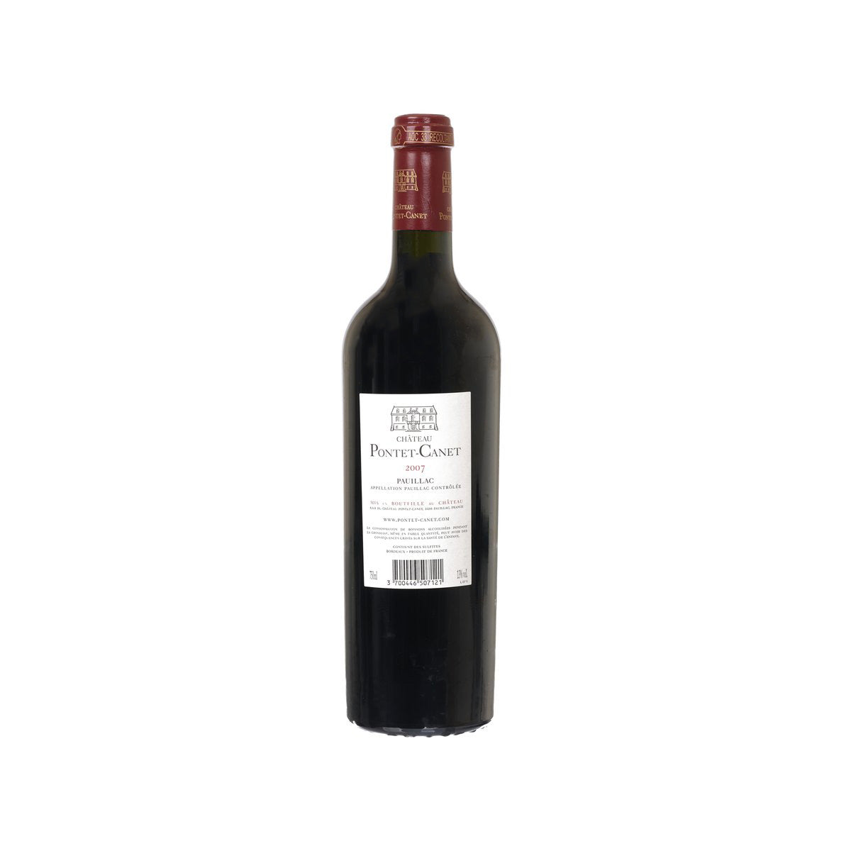 Burgundy wine bottle with CH PONTET-CANET back label and barcode