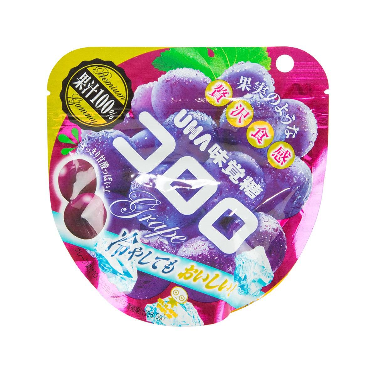 UHA Kororo grape gummy pouch, heart-shaped purple package with visible gummies
