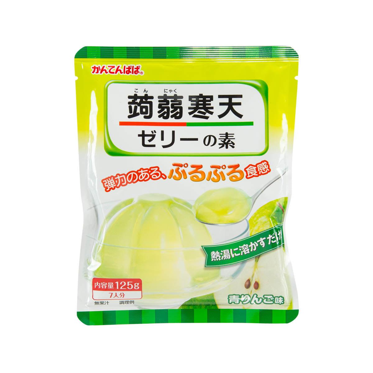 Green apple jelly mix pouch with green front label and dessert illustration