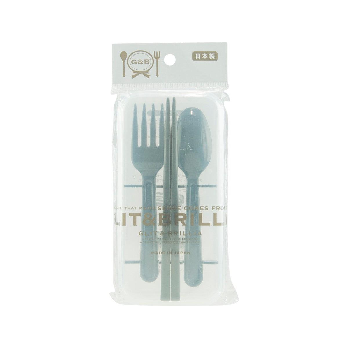 Utensil set with teal spoon, fork, and chopsticks in a clear plastic pouch