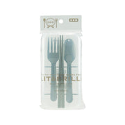 Utensil set with teal spoon, fork, and chopsticks in a clear plastic pouch