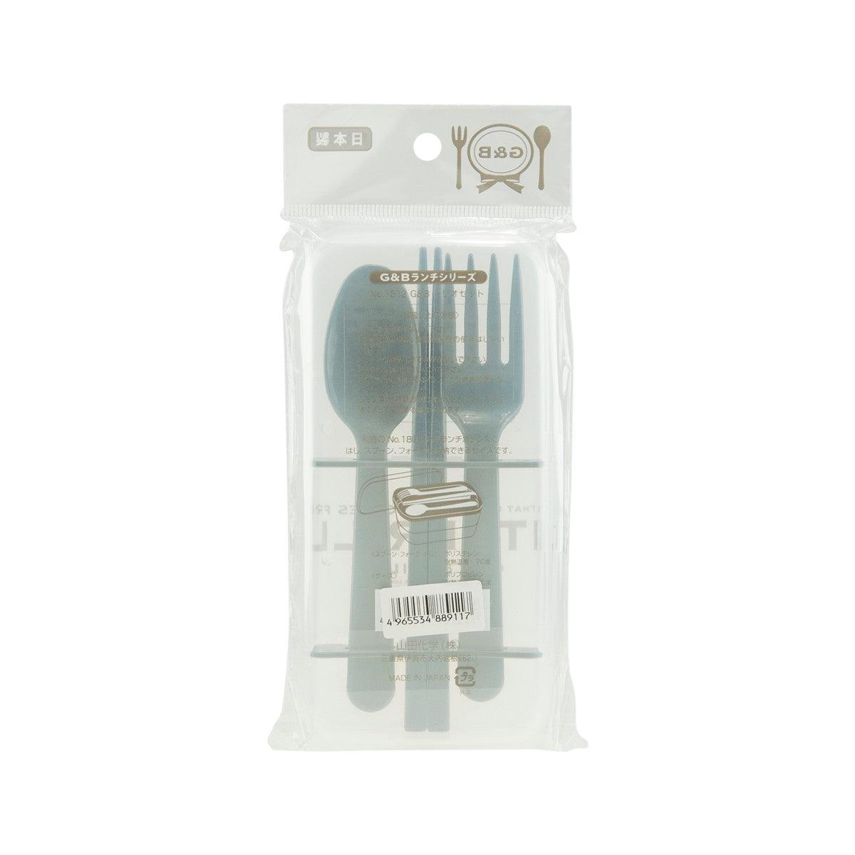 Utensil set back view: teal spoon, fork, and chopsticks with barcode on pouch