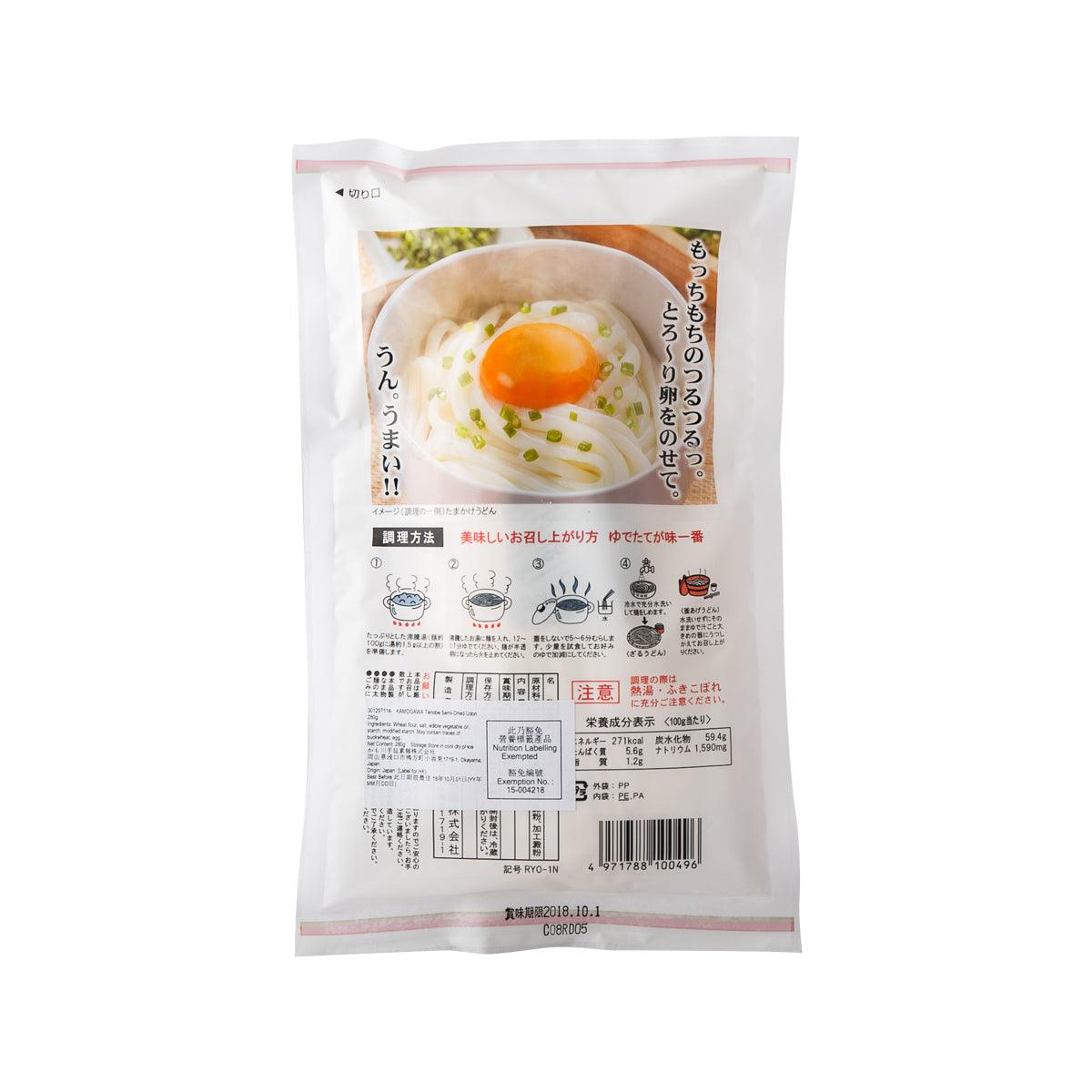 KAMOGAWA semi-dried udon noodle pouch back with cooking and nutrition info, 280g