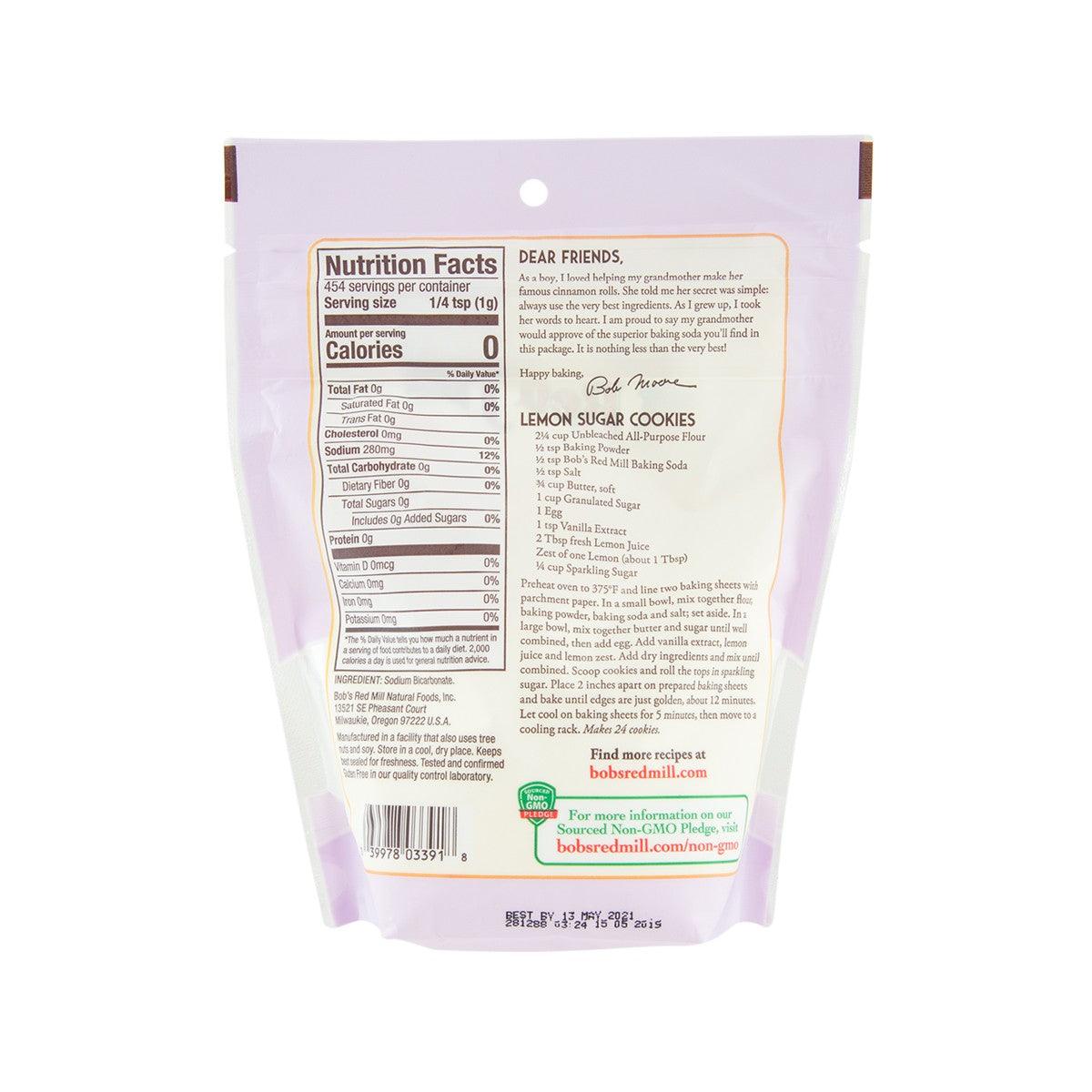 BOB'S RED MILL baking soda pouch with Nutrition Facts panel on back, 454 g