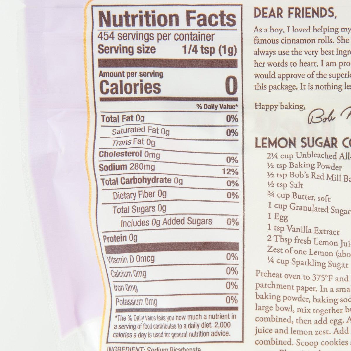 BOB'S RED MILL baking soda Nutrition Facts close-up, serving size 1/4 tsp (1 g)