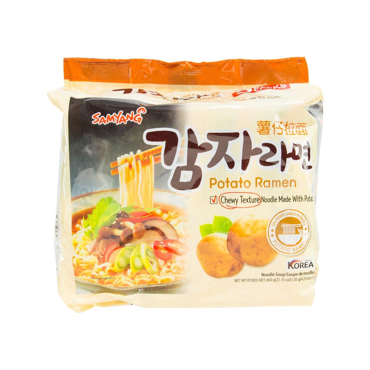 SAMYANG potato ramen instant noodle pouch, front label with bowl and fries graphics