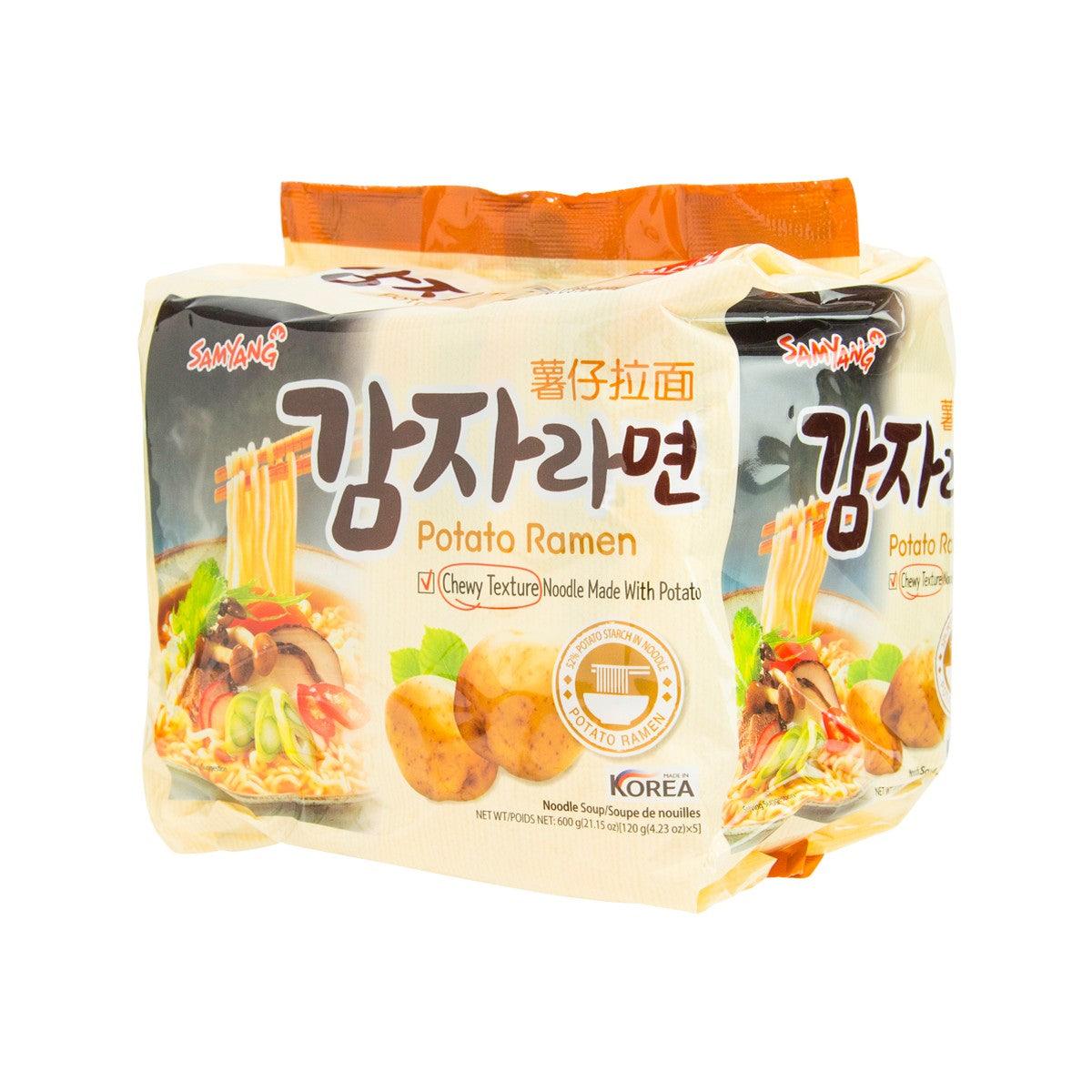 SAMYANG potato ramen instant noodle pouch, front view with side flavor photos