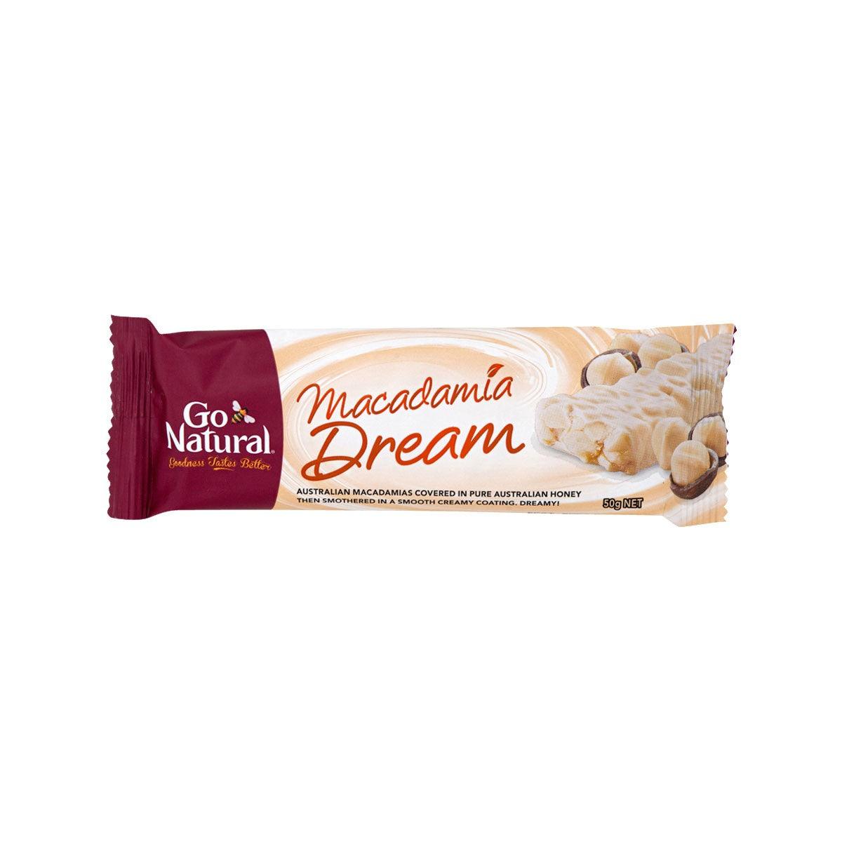 GO NATURAL Macadamia Dream honey bar in maroon and beige wrapper, 50g