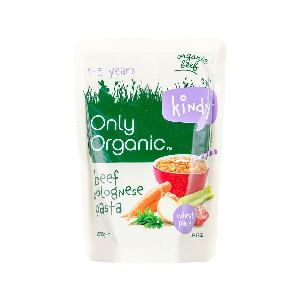 ONLY ORGANIC organic beef bolognese pasta pouch, 220 g stand-up package