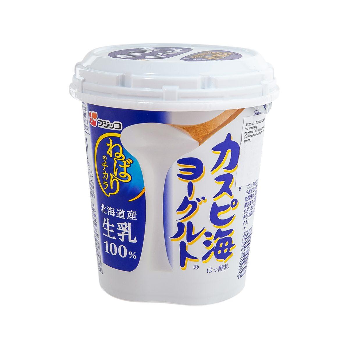 FUJICCO Caspian Sea yogurt cup with white lid and blue label, plastic container.