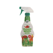 Organic veggie wash spray bottle with green trigger, front label visible.
