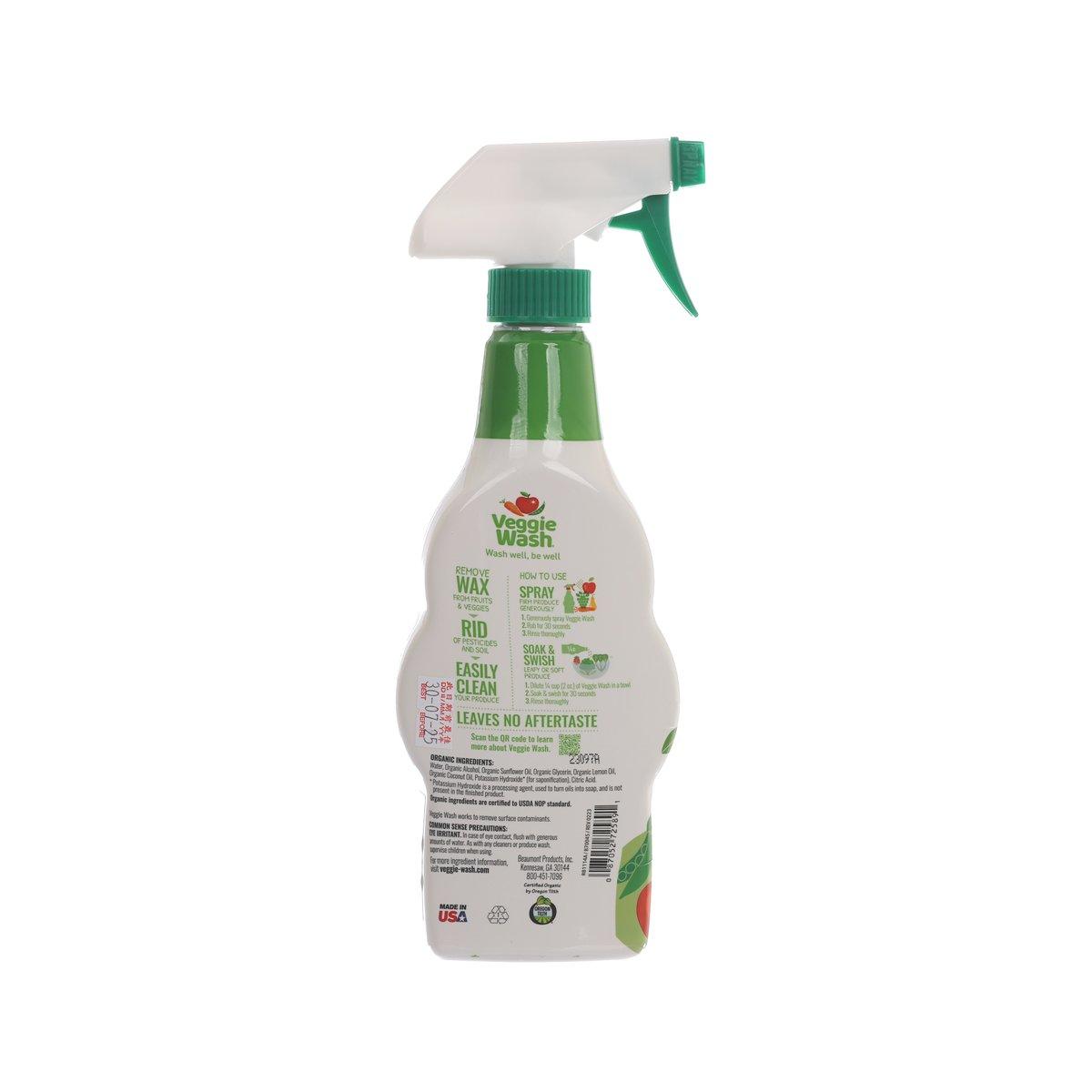 Back label of organic veggie wash spray bottle with green nozzle.