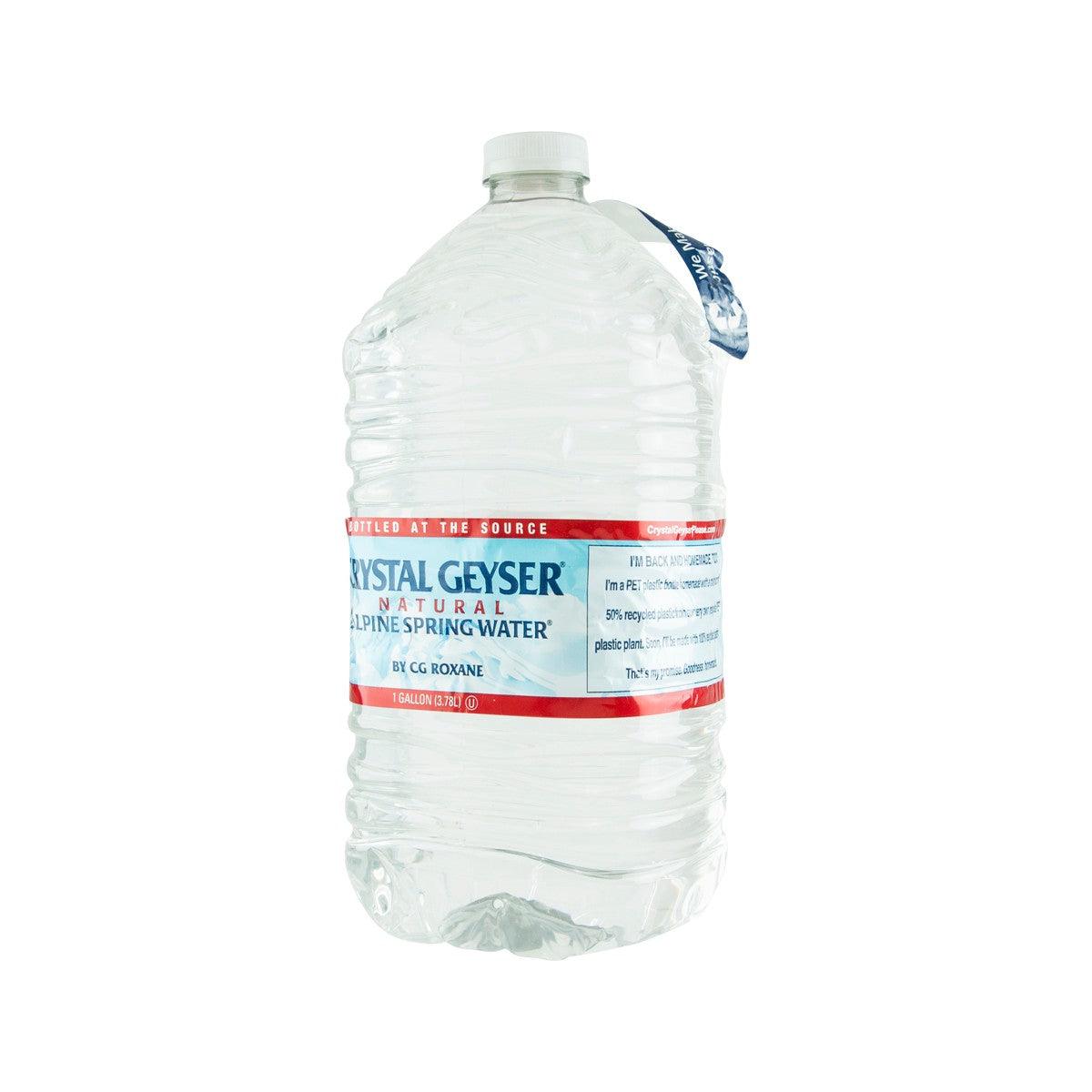 Crystal Geyser spring water bottle, side label and cap in view