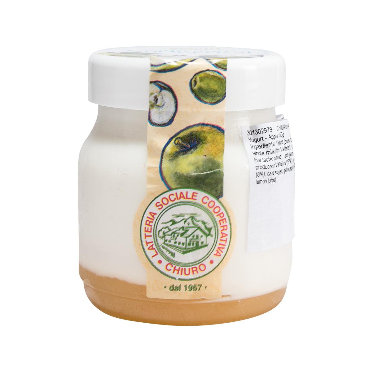 CHIURO apple yogurt in a small glass jar with white plastic lid