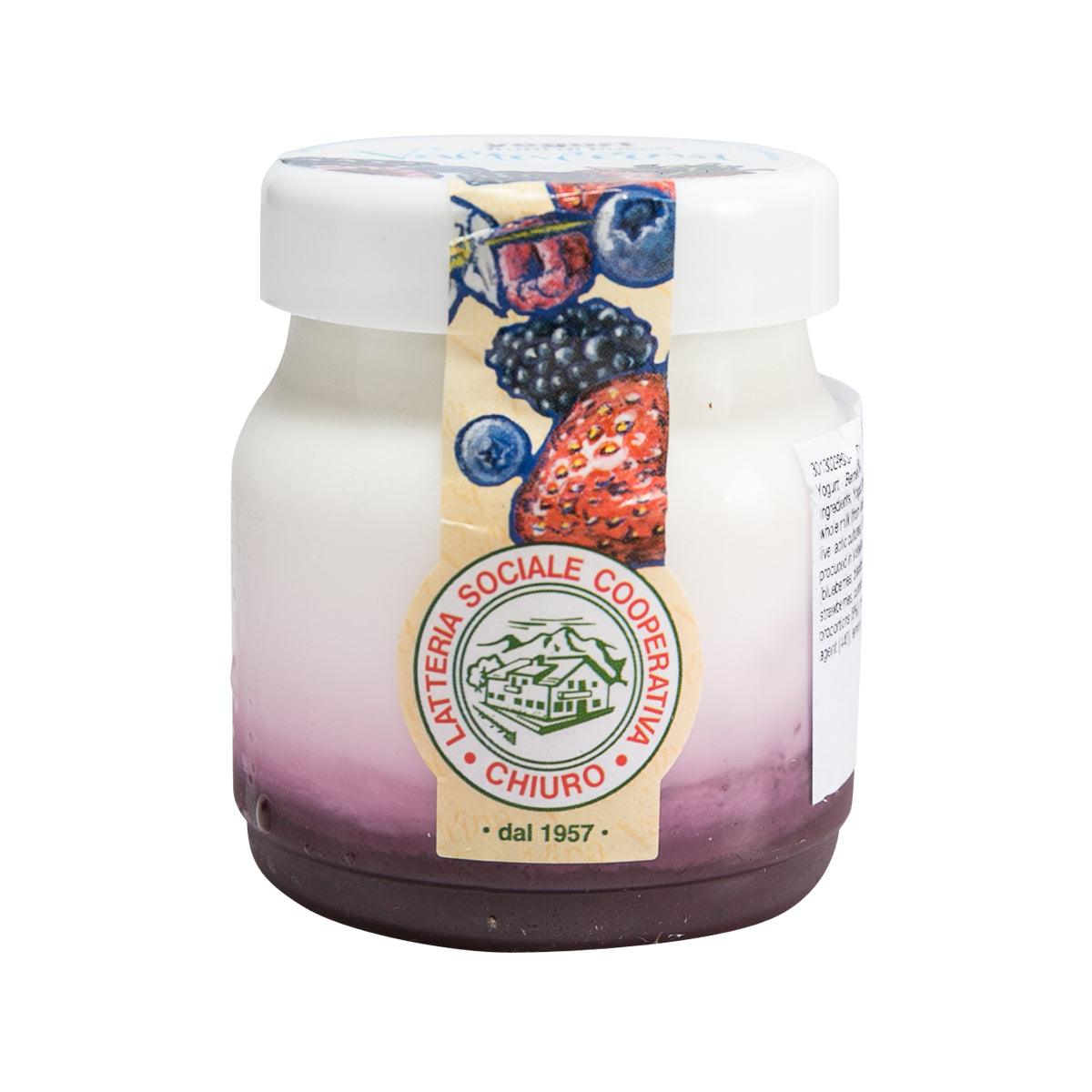 Berries yogurt in glass jar with white cap and CHIURO label