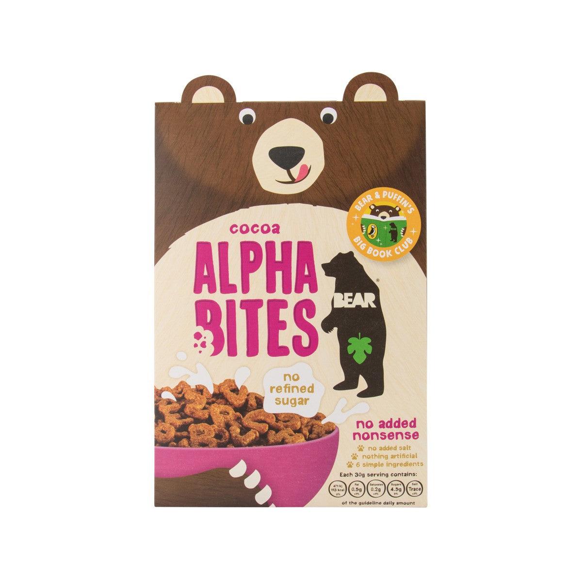 Cocoa cereal bag with bear graphic, Alphabites text, and no refined sugar badge