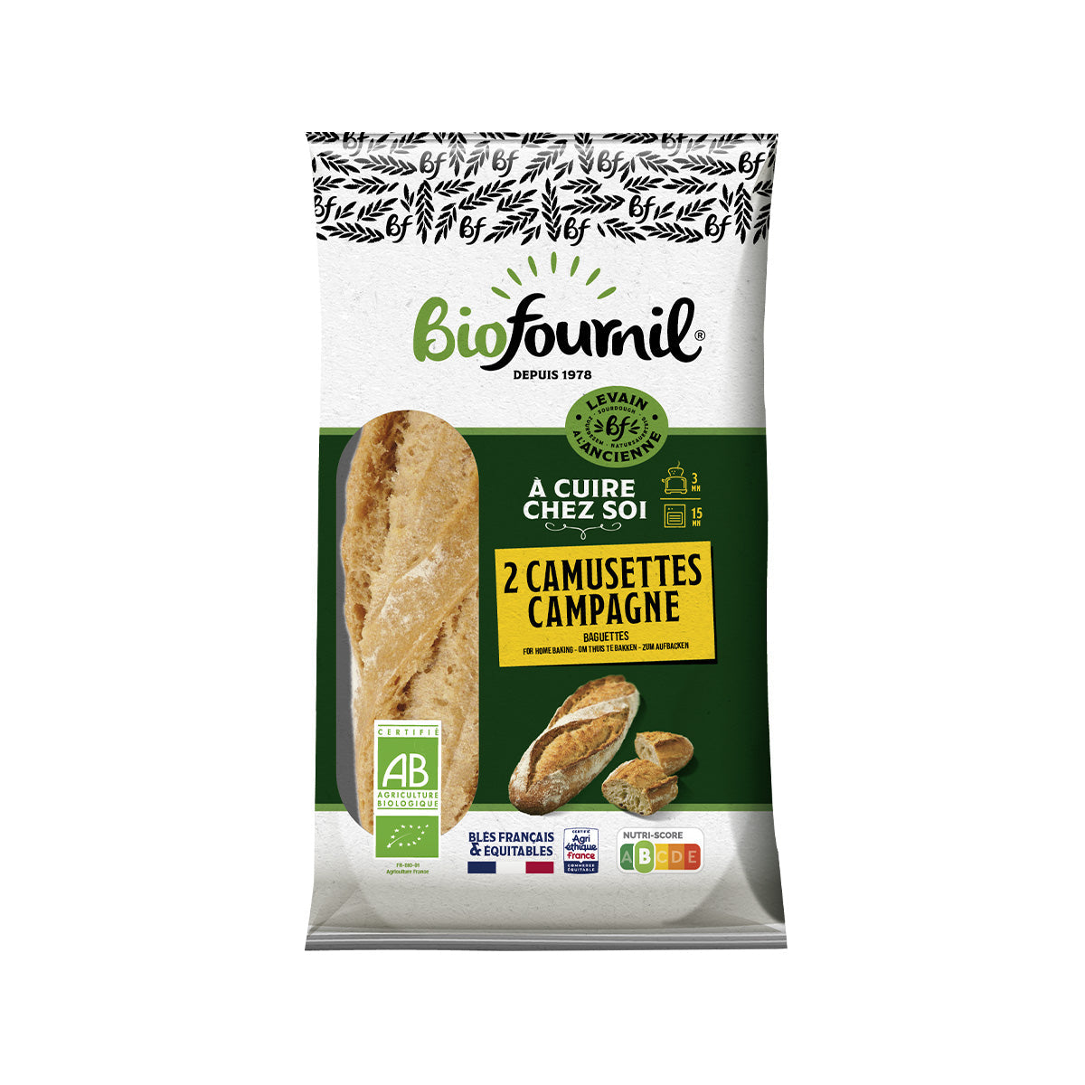 Organic baguette rolls pack in green-and-white bag with L'ANGELUS branding