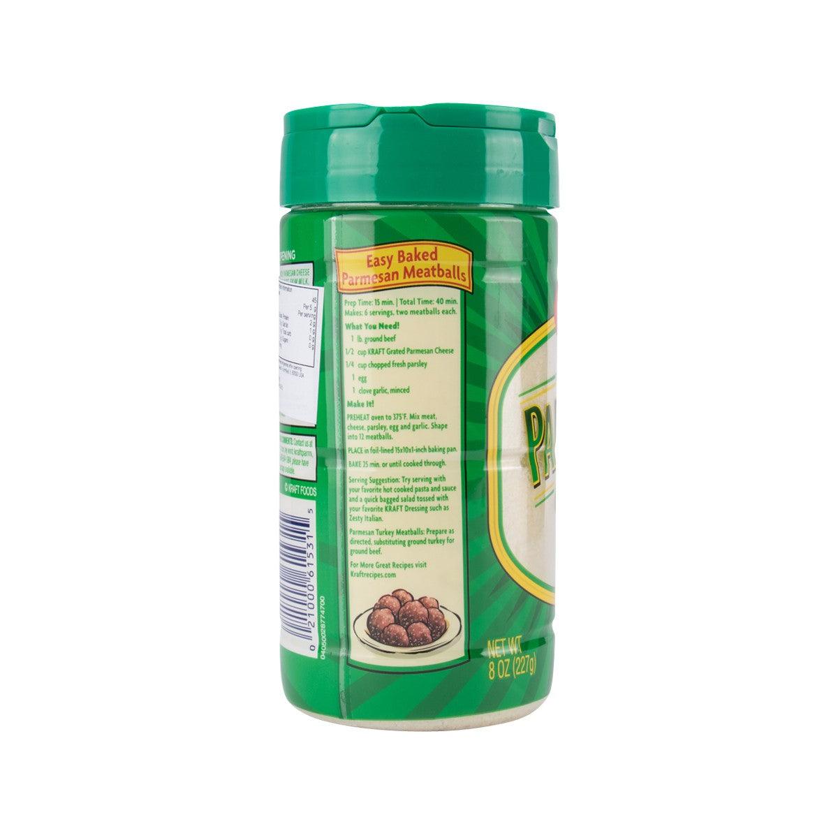 Kraft grated Parmesan cheese container side label with recipe and meatball image.