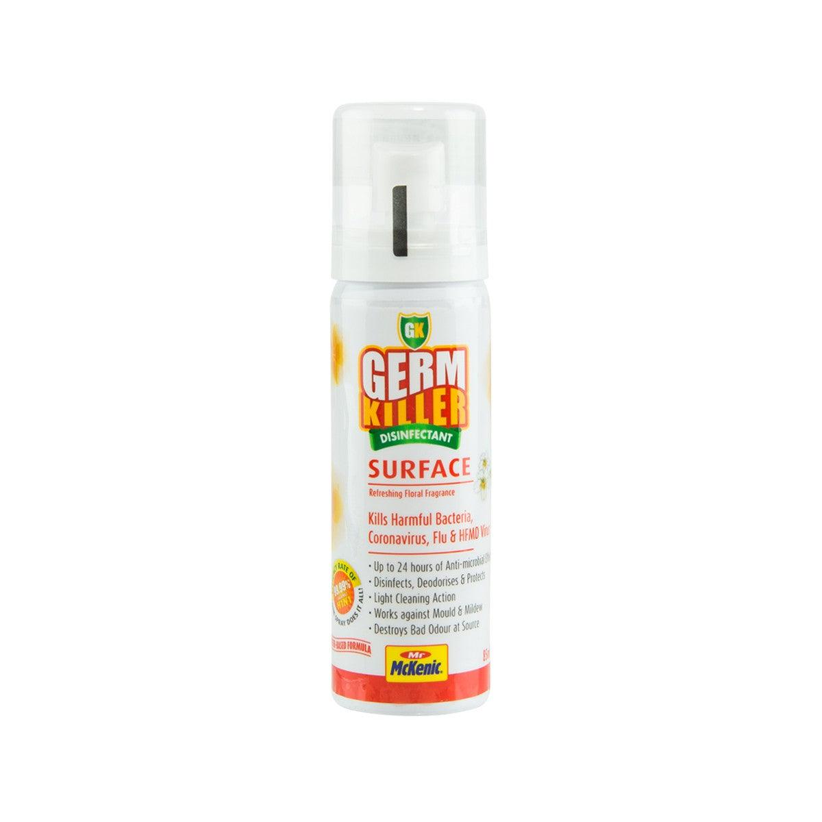 GERM KILLER surface disinfectant spray bottle, 85 mL, with white pump cap