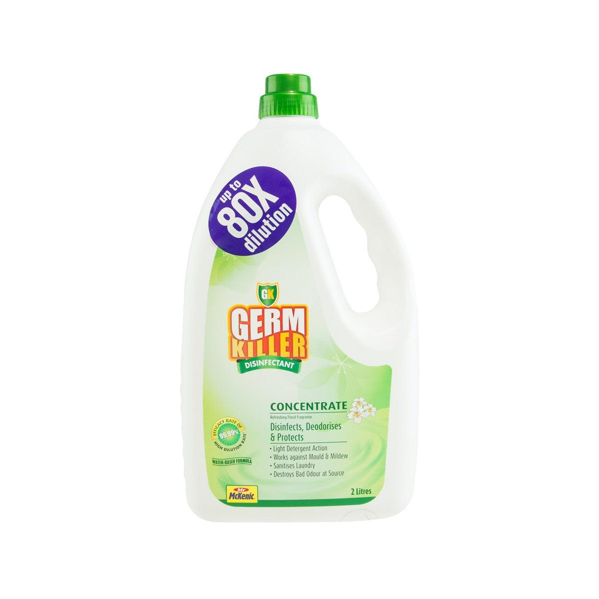 Disinfectant concentrate bottle with green cap and white label, front view