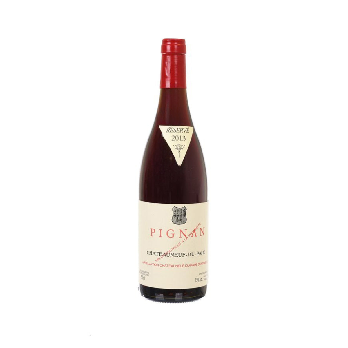 Red wine bottle with front label, corked top and vintage 2013