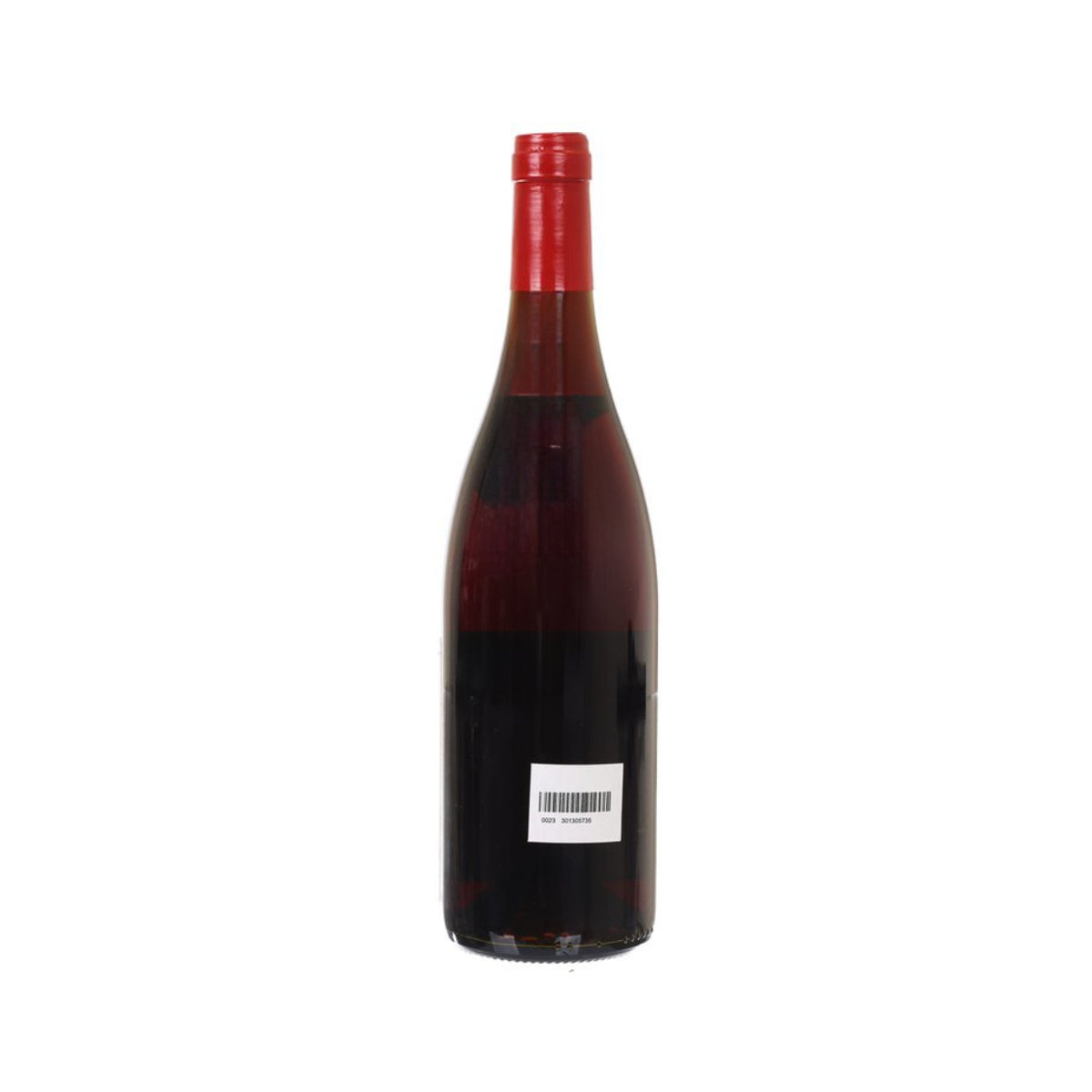 Red wine bottle with back label and barcode, corked top