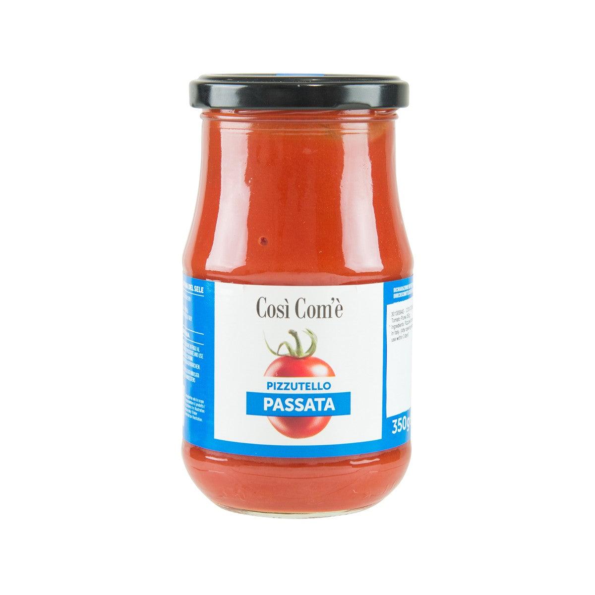Tomato puree jar with blue label, red content, and black screw lid (350 g)