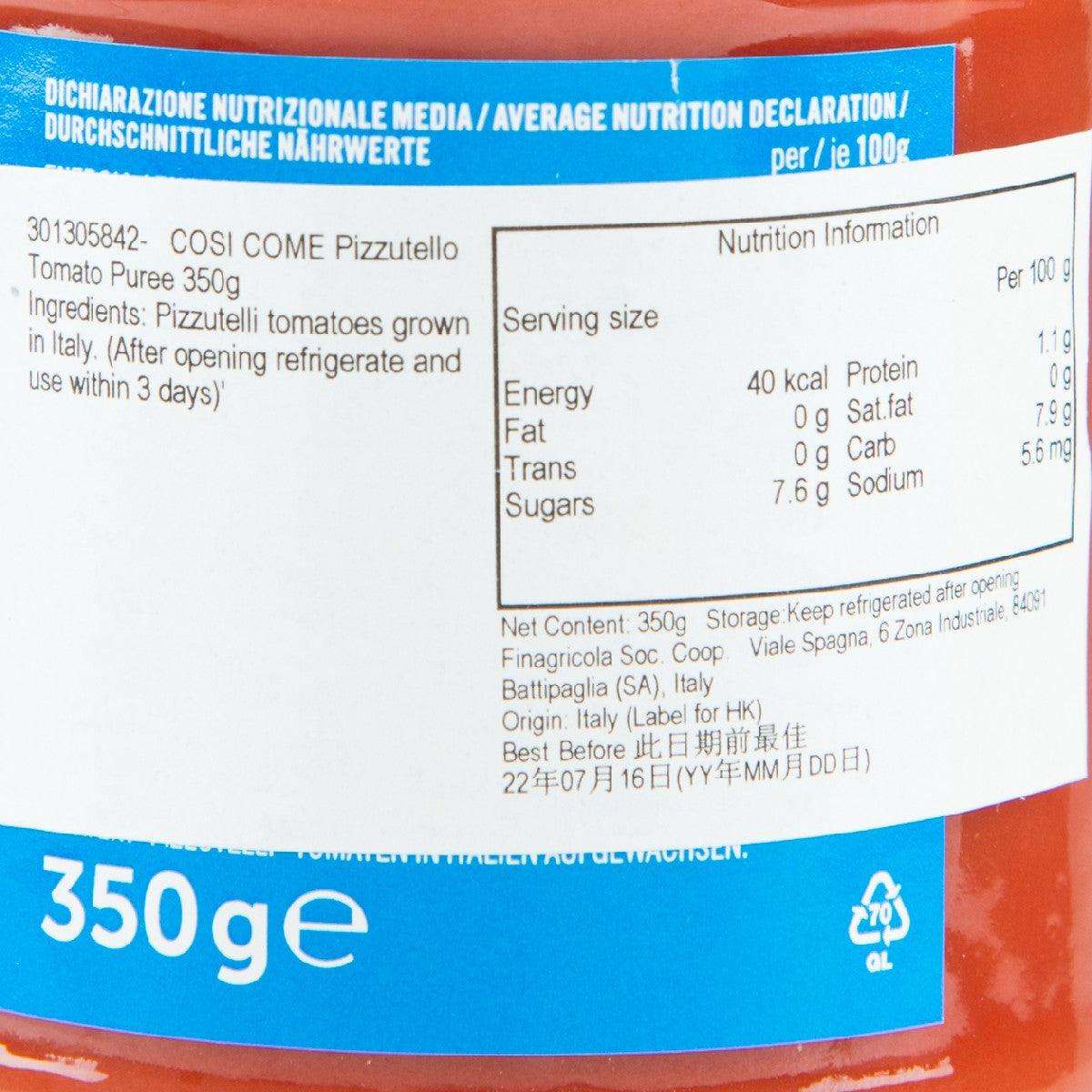 Nutrition label close-up on tomato puree jar, showing 350 g and per 100 g