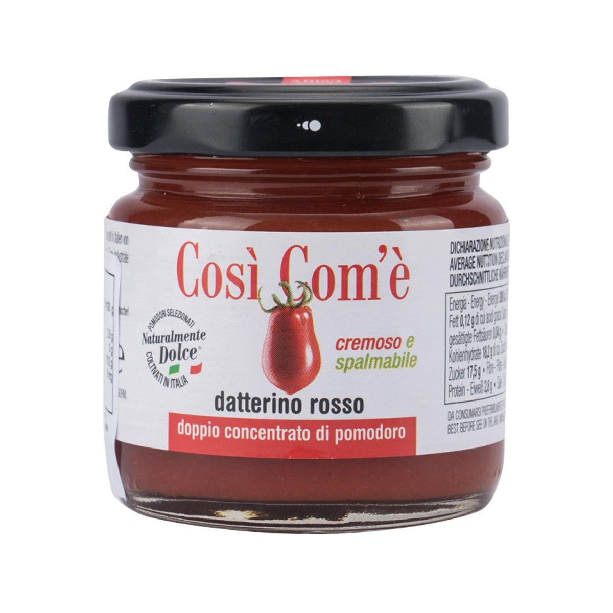 Red tomato paste jar with black lid; front label shows datterino rosso.