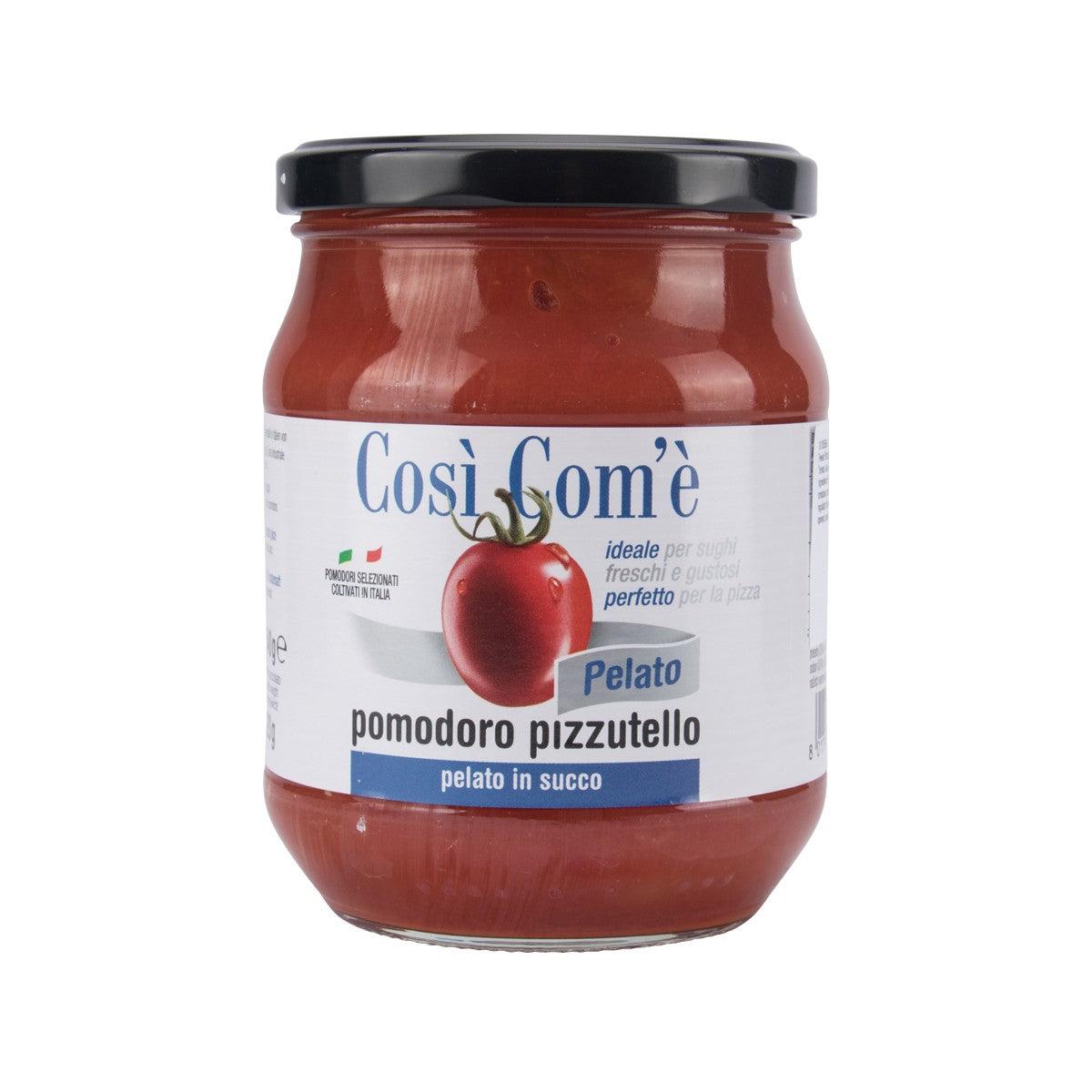 COSI COME peeled whole Pizzutello tomatoes in tomato juice jar, front label view