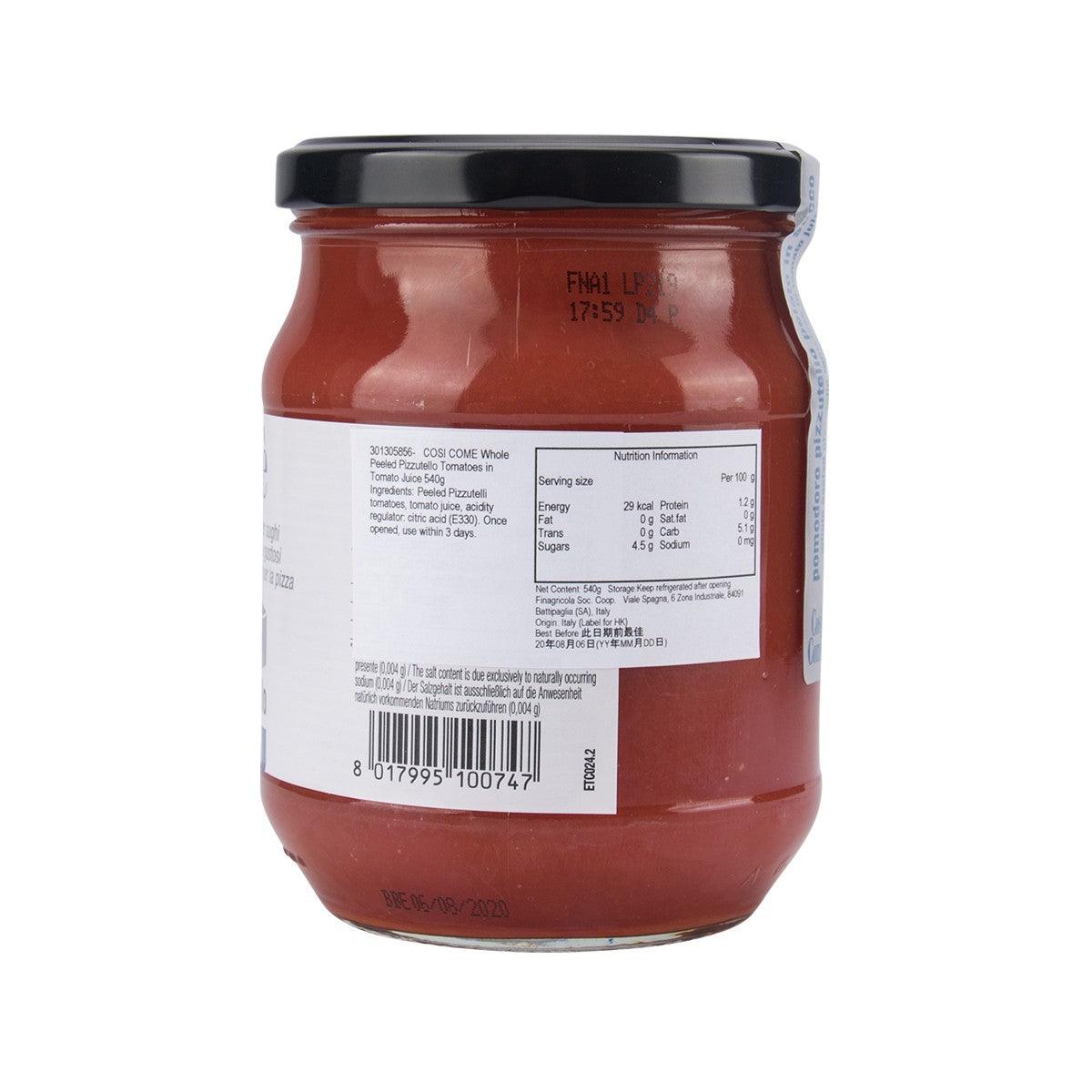 COSI COME peeled whole Pizzutello tomatoes jar, back label with nutrition panel