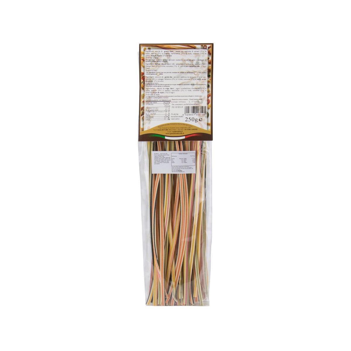 Back of 250g tagliolini pasta package with multicolor thin pasta strands visible