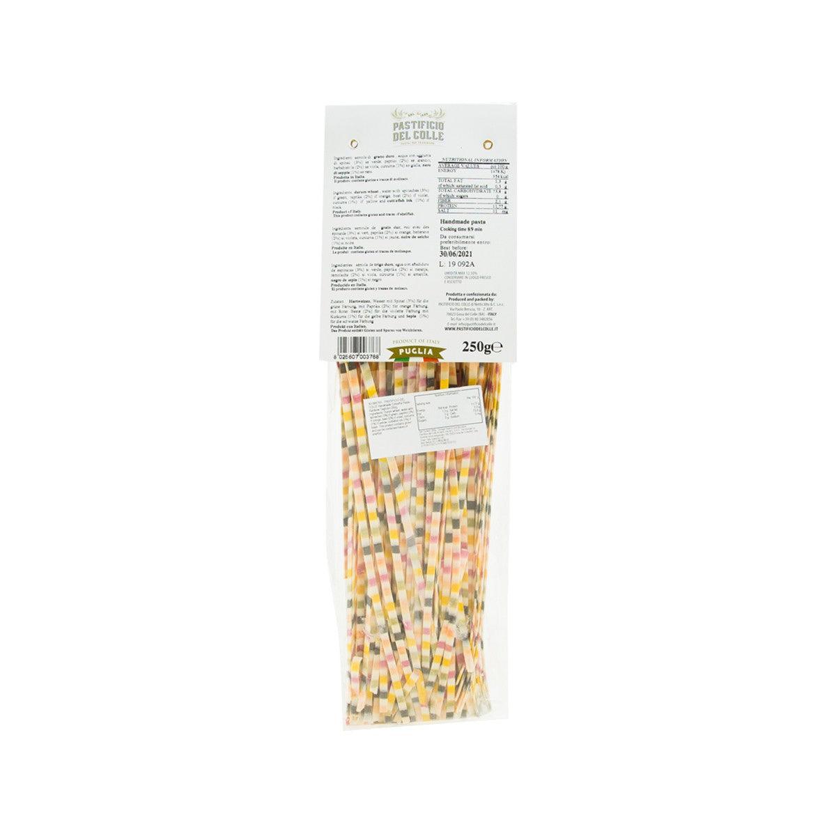 Rainbow tagliolini pasta 250g package, back label with barcode and nutrition