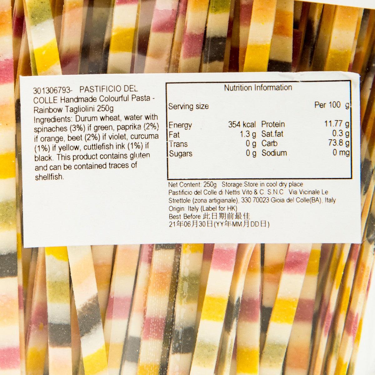Nutrition information panel on rainbow tagliolini pasta 250g package
