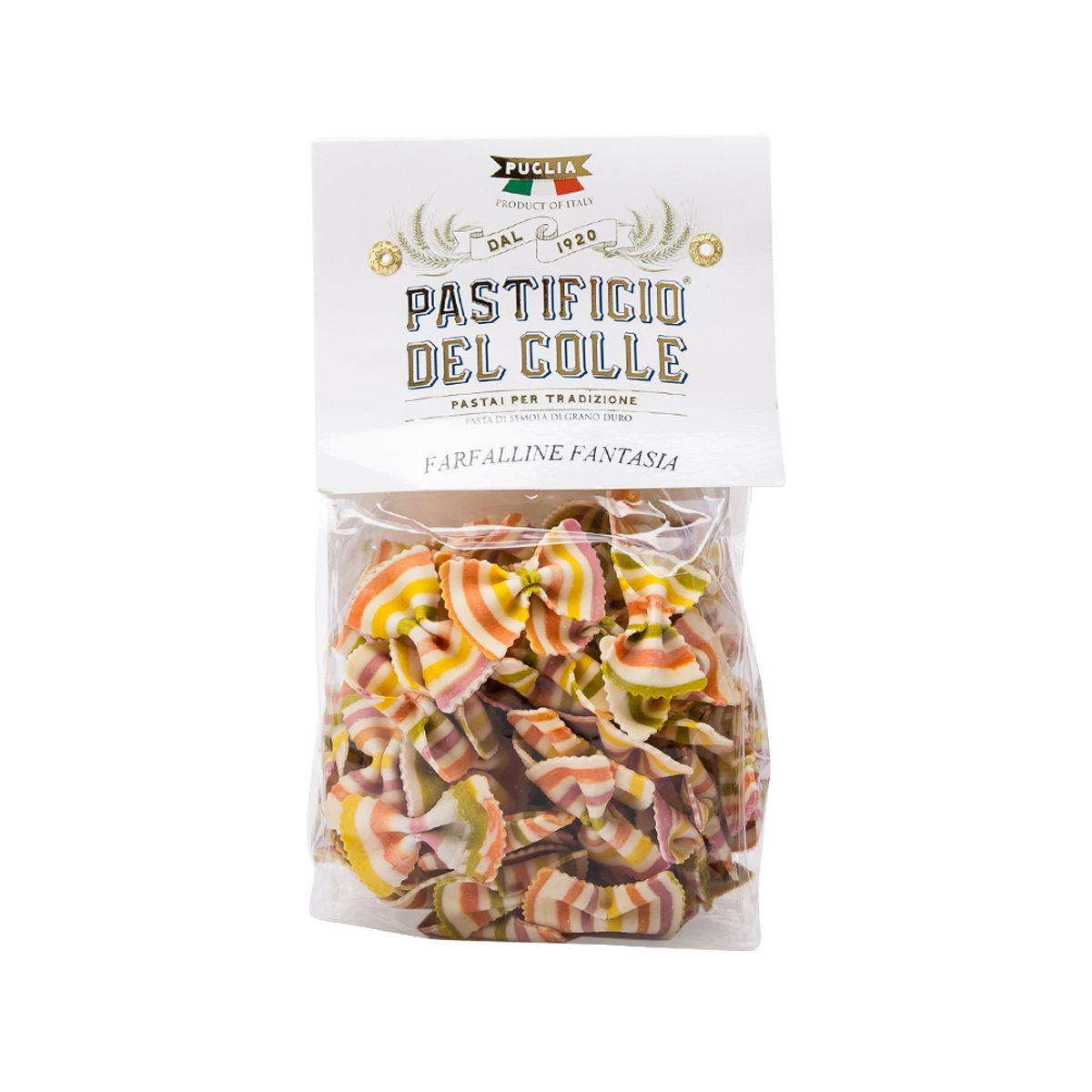 Colorful farfalline pasta in clear bag with striped bow-tie shapes