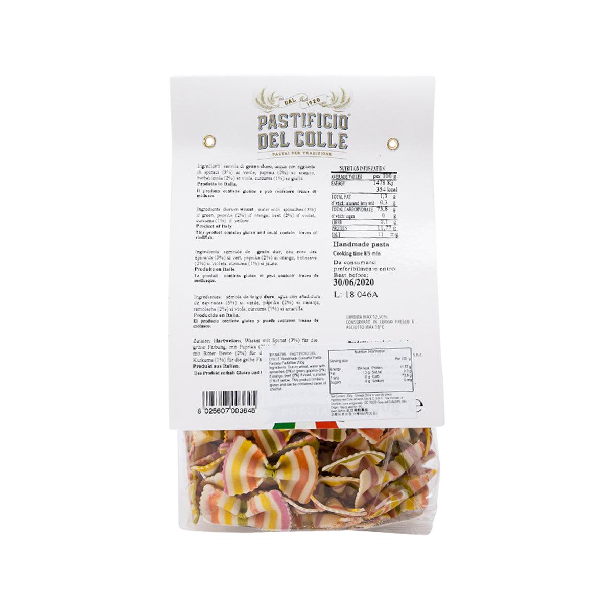 Back label on colorful farfalline pasta bag with striped bow-tie pasta