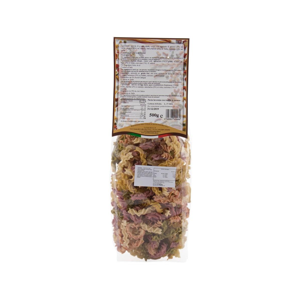 Artisanal colorful riccia naif pasta, back of 500g bag with ingredient panel