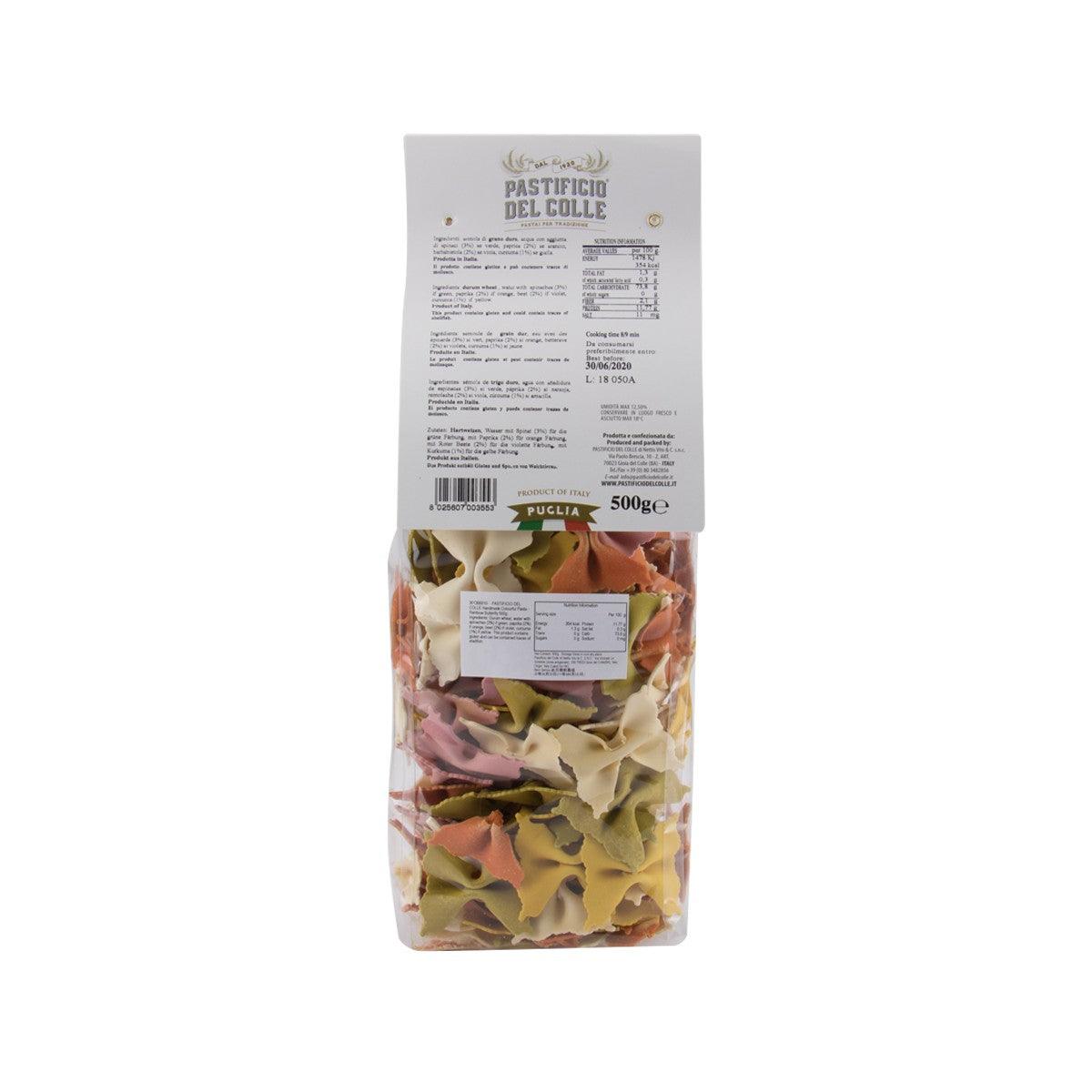 PASTIFICIO DEL COLLE rainbow butterfly pasta 500g bag, back label text