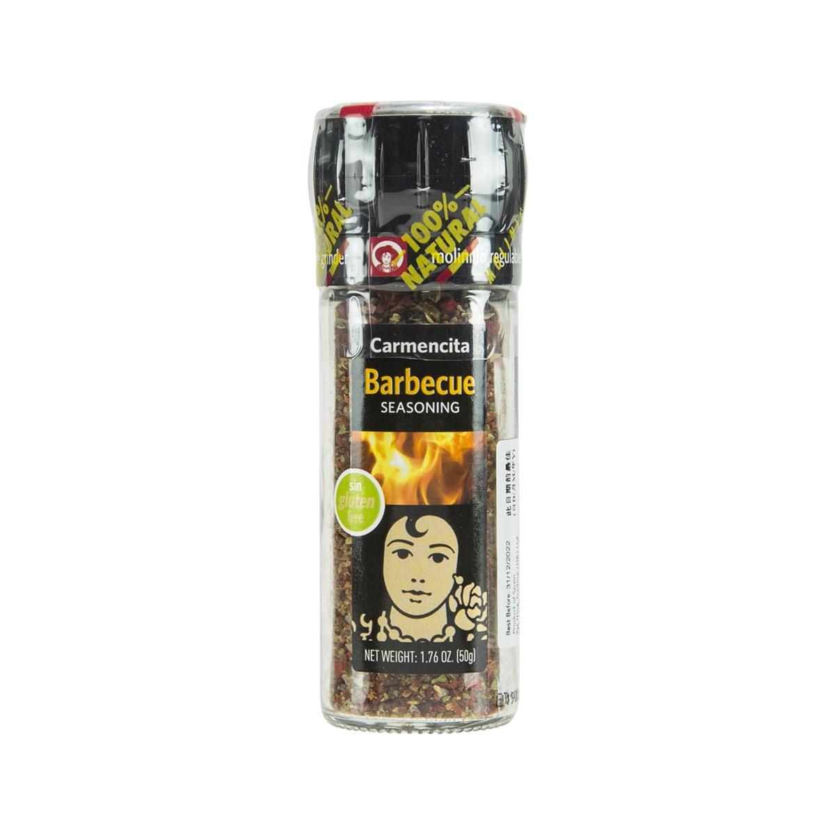CARMENCITA Barbecue seasoning grinder, glass jar with red lid and spice mix