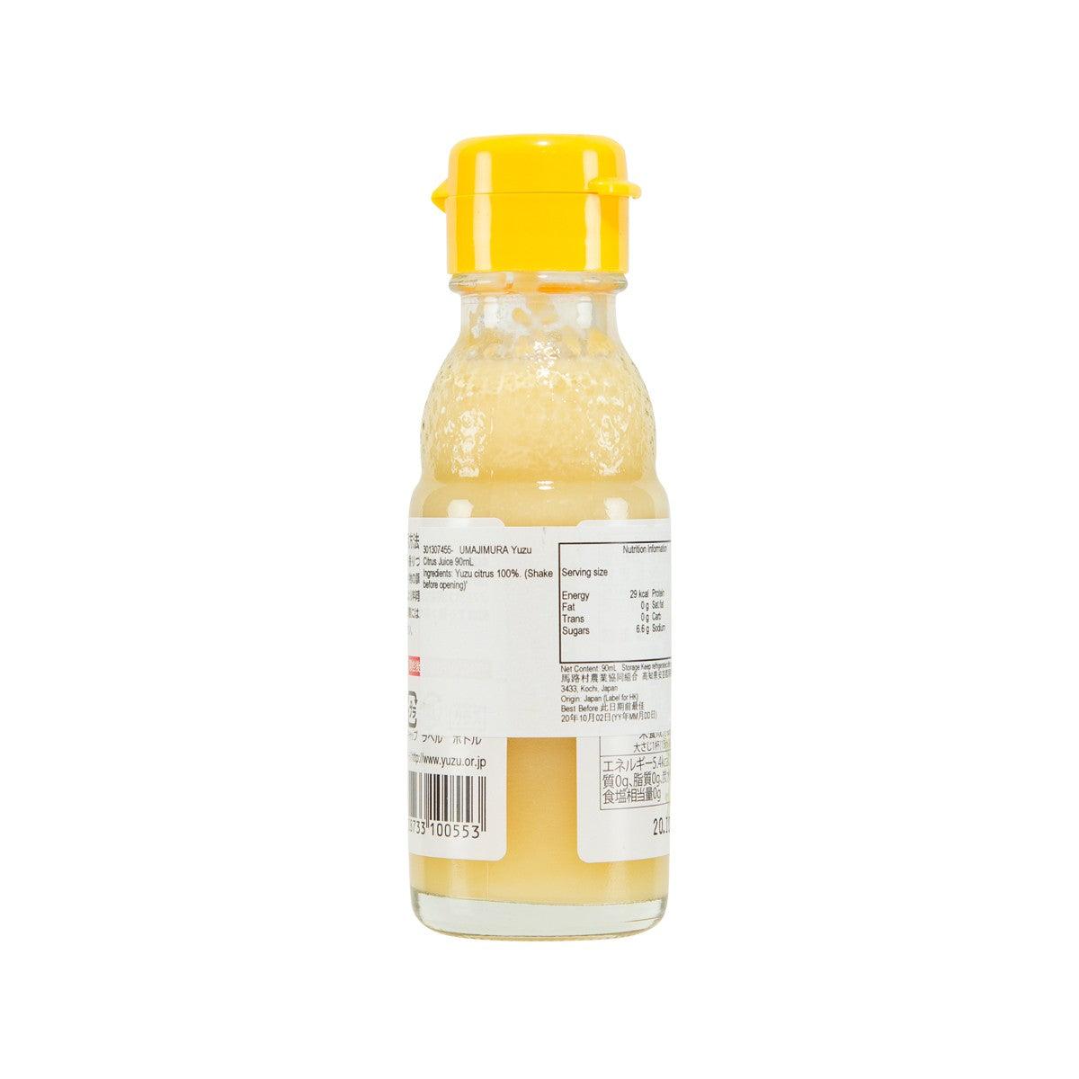UMAJIMURA yuzu citrus juice bottle, 90 mL, back label with barcode and text