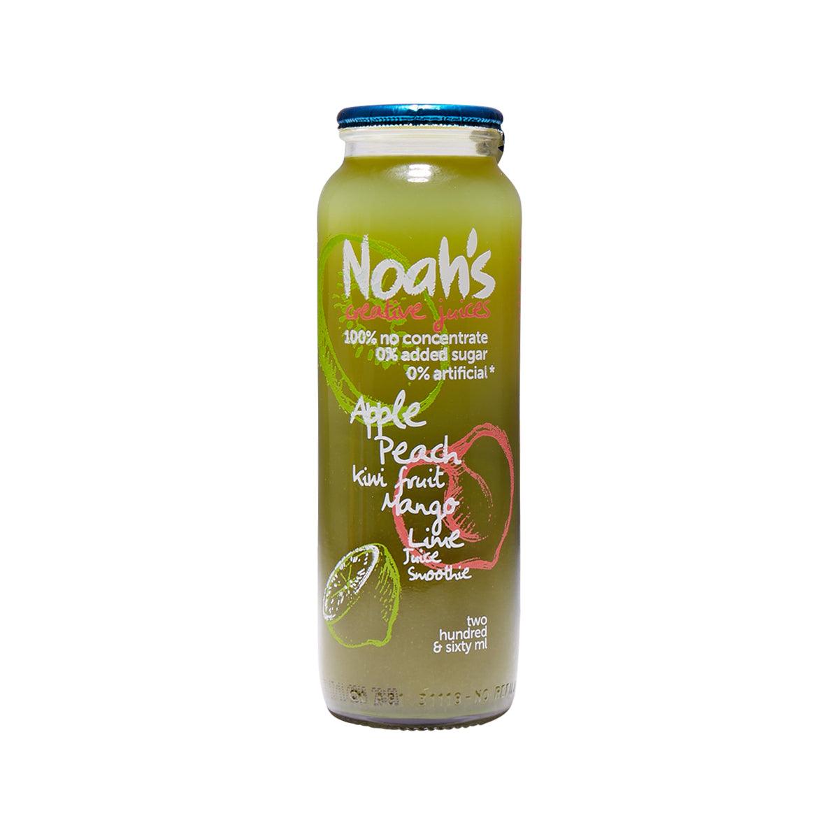 NOAH's juice smoothie bottle with blue cap and green fruit flavor label
