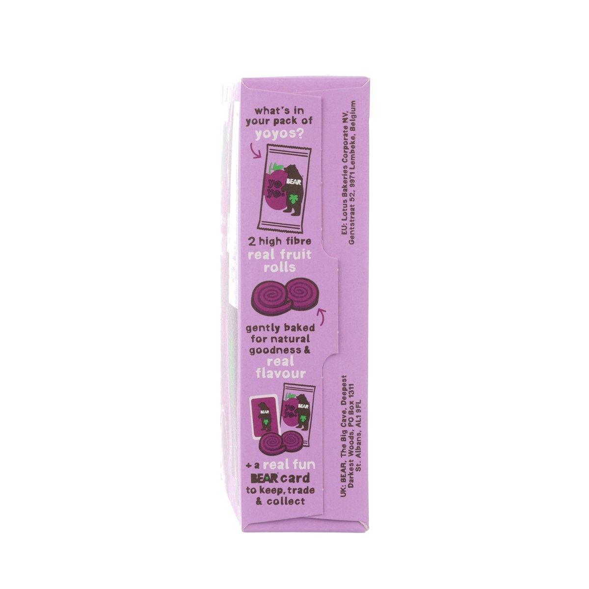 Purple carton side with high fibre real fruit roll info and bear yoyo message